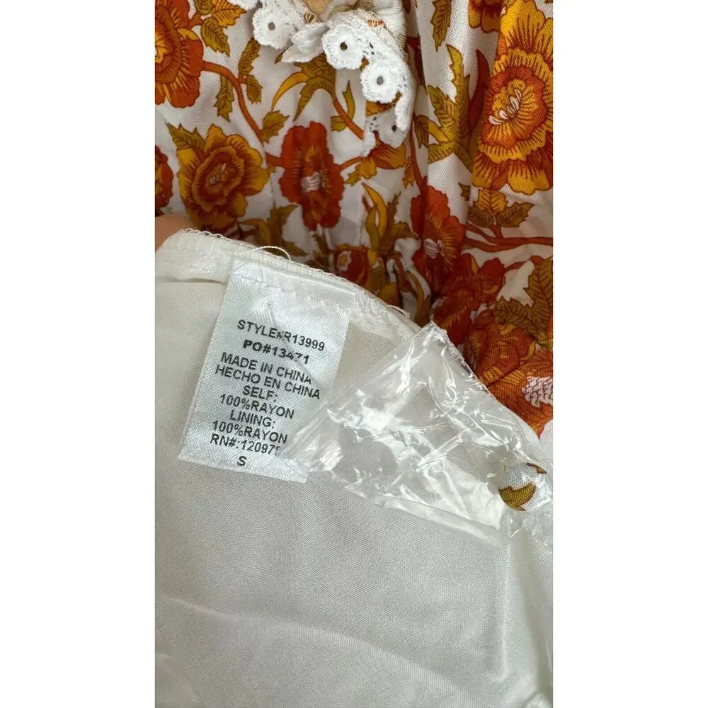 Entro Womens Orange Gold Floral Playsuit Romper Elastic Waist Size Small NWT
